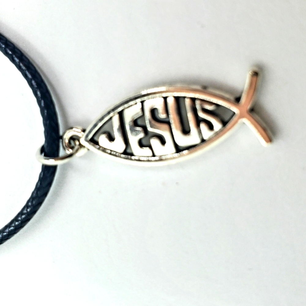 Silver Jesus Charm on Black Cord Necklace